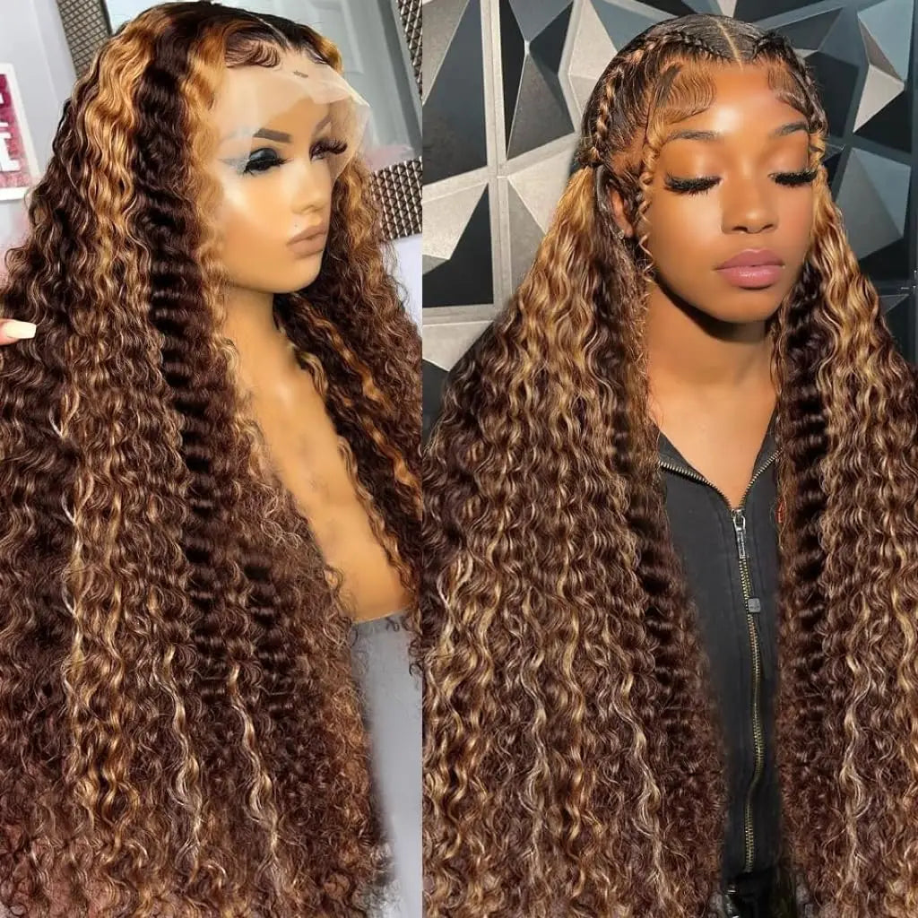 30 Inch Deep Wave P4/27 Highlight 13x4 HD Transparent Lace Front Wigs Ombre Human Hair Wet and Wavy Curly Lace Frontal Wigs 4/27