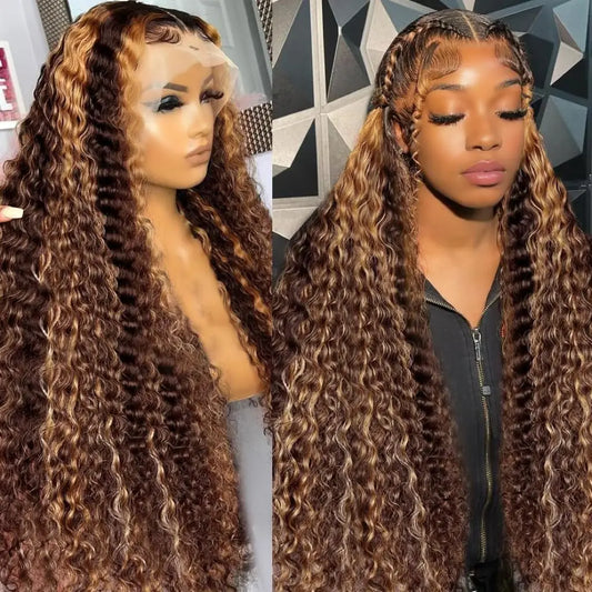 30 Inch Deep Wave P4/27 Highlight 13x4 HD Transparent Lace Front Wigs Ombre Human Hair Wet and Wavy Curly Lace Frontal Wigs 4/27