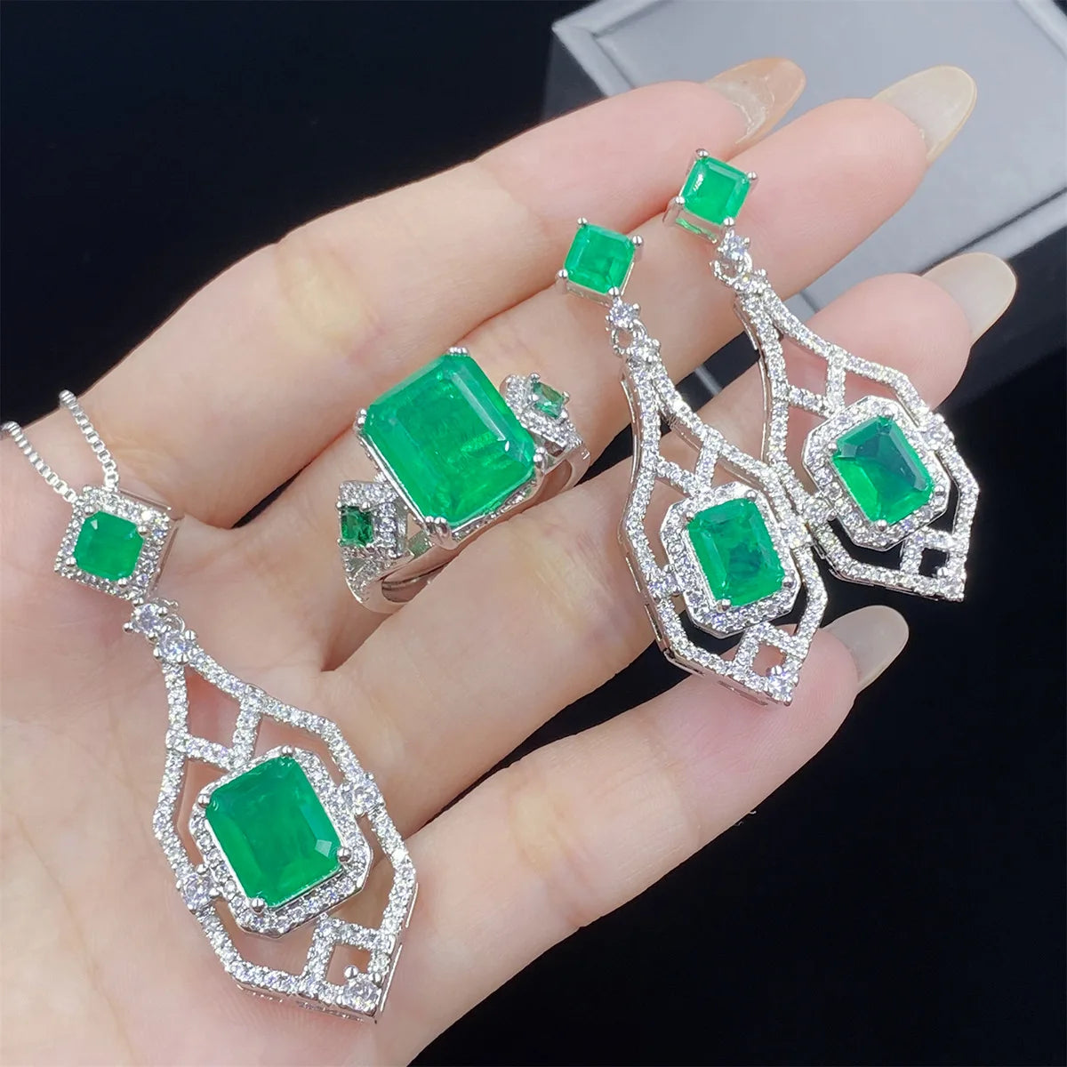 Valuable Lab Jade Diamond Jewelry set 925 Sterling Silver Engagement Wedding Rings Earrings Necklace For Women Bridal Party Gift