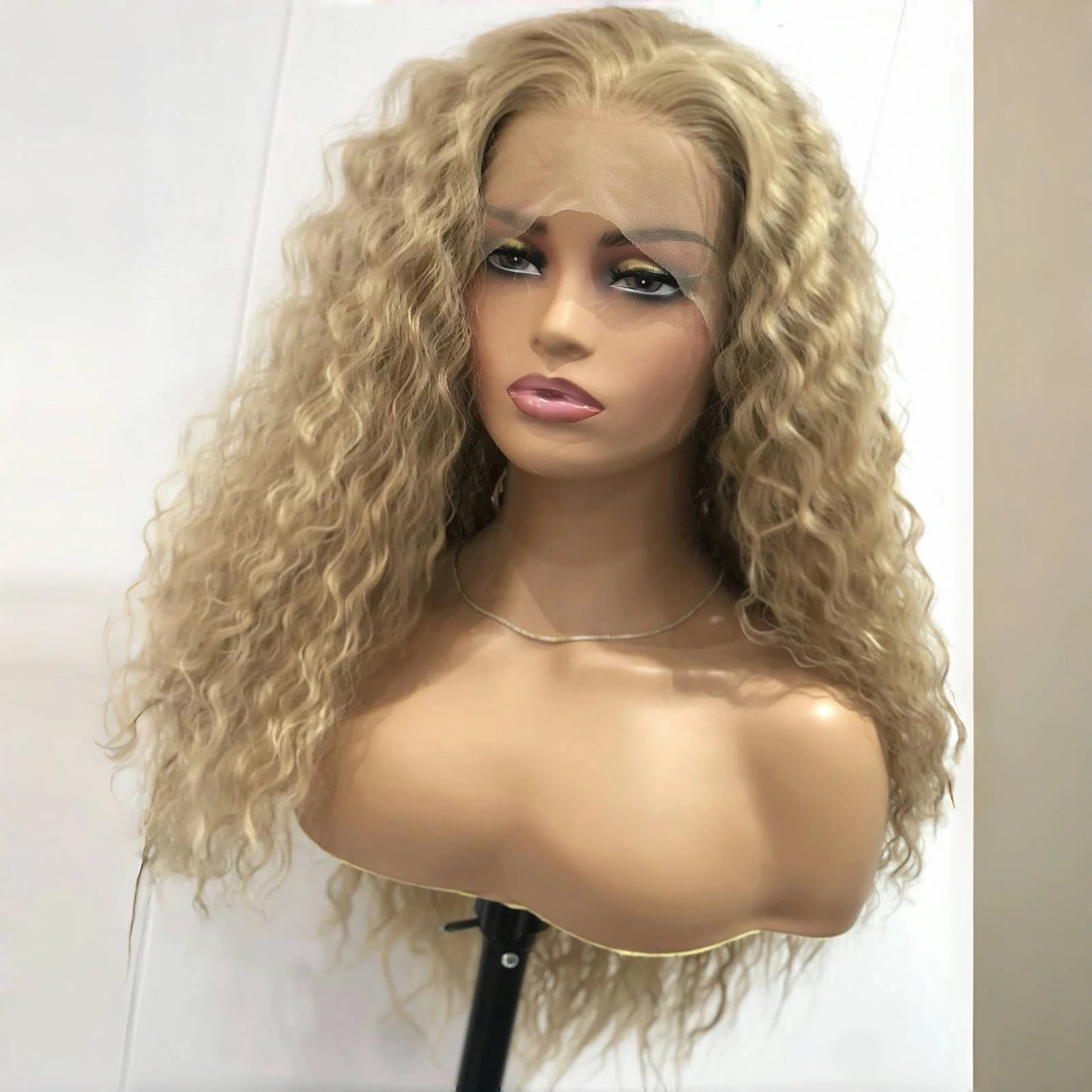 Ash Blonde Wig Long Blonde Curly Wig Synthetic Lace Front Wig Glueless Wigs Ready to Wear Water Wave Curly Lace Wigs for Women