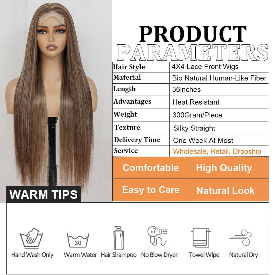 Magicae 330Grams 36Inch 4x4 Lace Front Wigs Chestnut Brown Wigs Ombre Highlight Straight Blond P27/613# High Temperature Cosplay