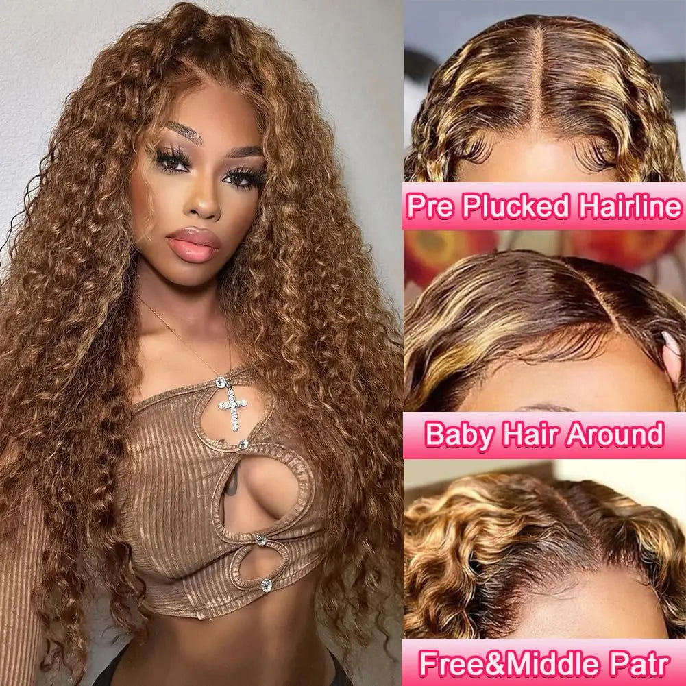 30 Inch Deep Wave P4/27 Highlight 13x4 HD Transparent Lace Front Wigs Ombre Human Hair Wet and Wavy Curly Lace Frontal Wigs 4/27