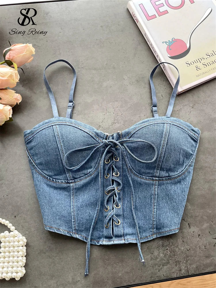 SINGREINY Fashion Women Sexy Denim Camisole Sleeveless Lace Up Skinny Tops 2024 Vintage Backless Elastics Short Streetwear Camis