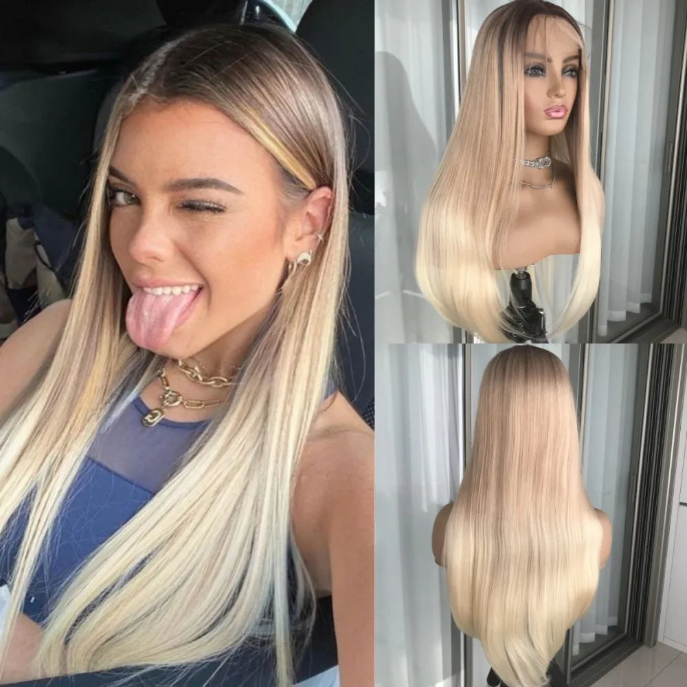 Highlight Blonde Platinum Straight Lace Front Wig Synthetic Hair for Women 13x4” Lace Frontal Wig Pre Plucked Blonde Colored Wig