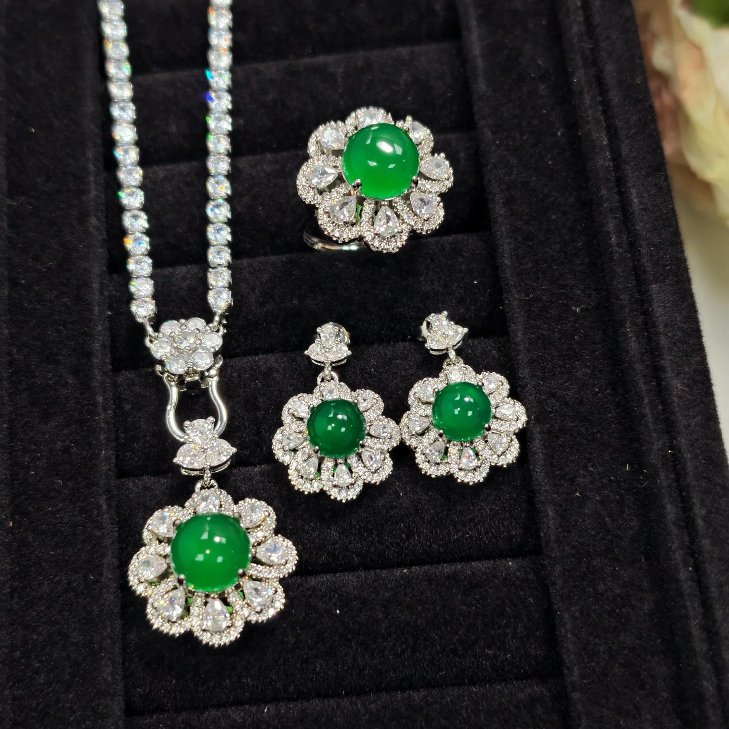 Valuable Lab Jade Diamond Jewelry set 925 Sterling Silver Engagement Wedding Rings Earrings Necklace For Women Bridal Party Gift
