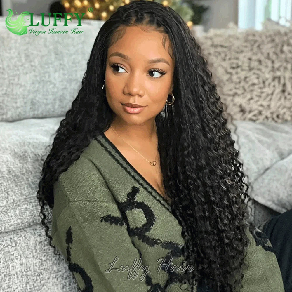 Boho Box Braids Wigs HD Full Lace Braided Wig Human Hair Curly Pre Plucked With Baby Hair Goddess Braided Wigs 300 Density