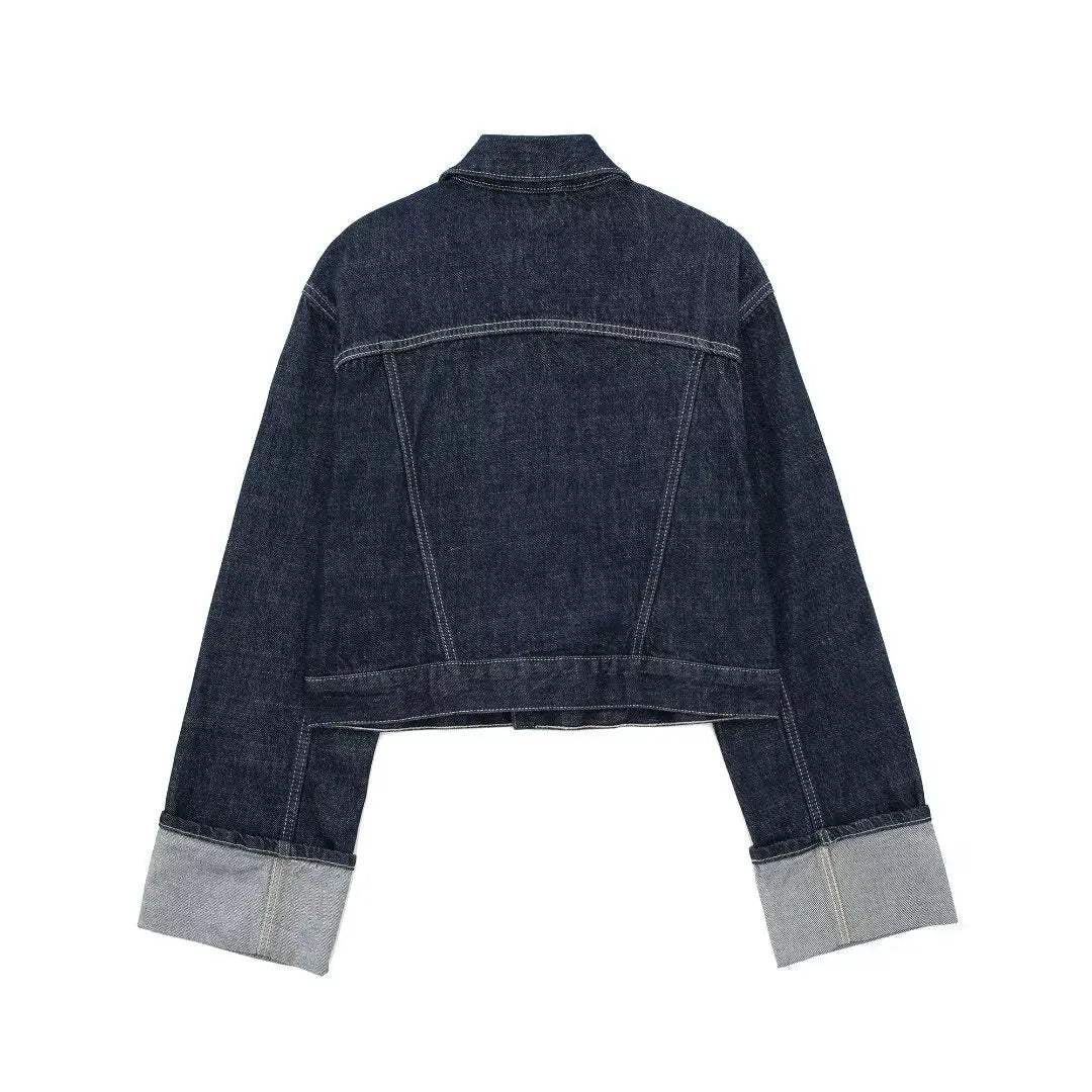TRAFZA Women Vintage Denim Jacket Pant Sets Single Breasted Lapel Long Sleeve Coat Wide Leg Trousers Jeans High Street Outfits