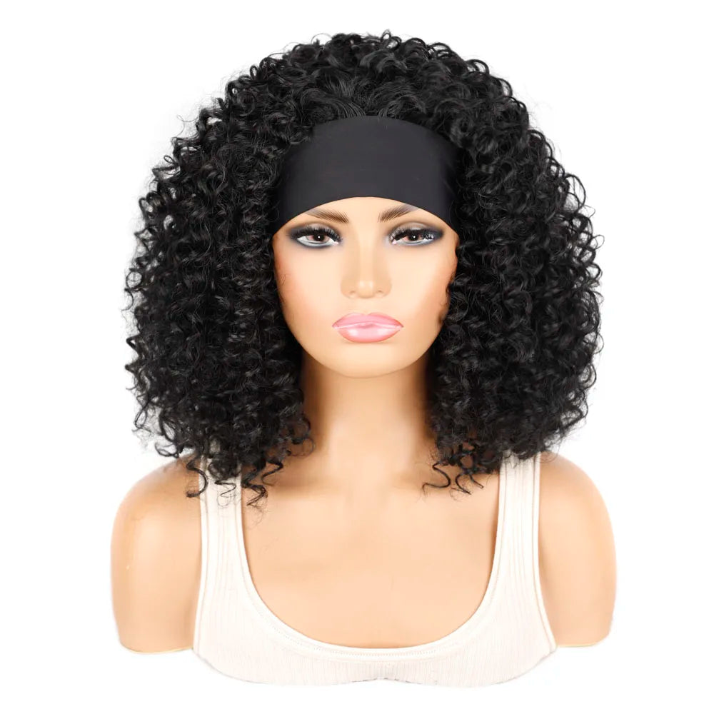 18 Inch Kinky Curly Headband Wig Ombre Afro Curly Wig with Scarf Natural Synthetic Fluffy Curly Turban Wigs for Women Cosplay