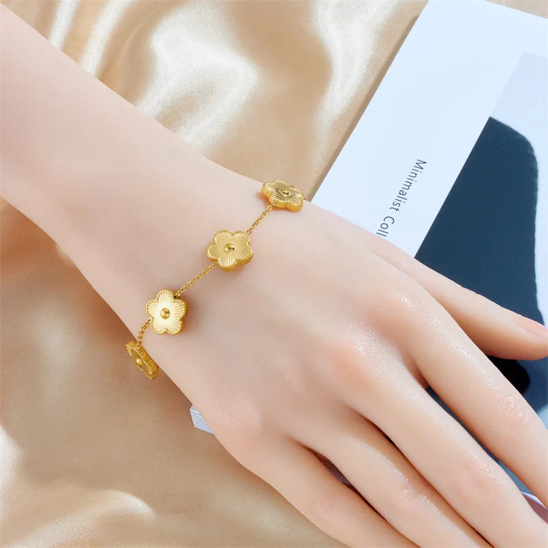 Stainless Steel Five Leaf Flower Luxury Bracelet for Women Gold Color Charm Bracelets Jewellery Clover Fashion Jewelry Gifts
