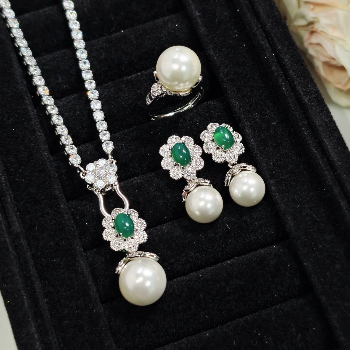 Valuable Lab Jade Diamond Jewelry set 925 Sterling Silver Engagement Wedding Rings Earrings Necklace For Women Bridal Party Gift