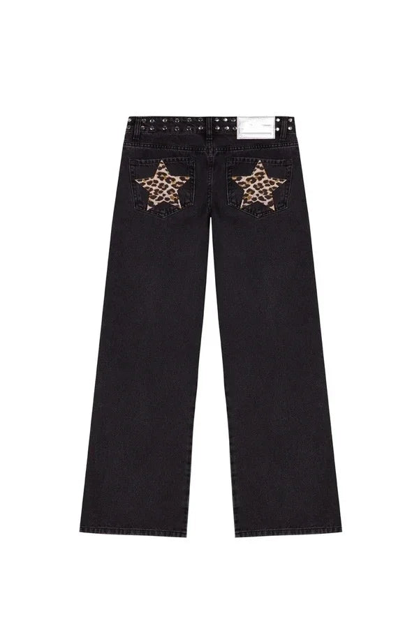 New Fashion Retro Rivet Star Print Baggy Straight Blue Jeans Y2K Women's Simple Classic Wide-leg Jeans Hip-hop Harajuku Jeans