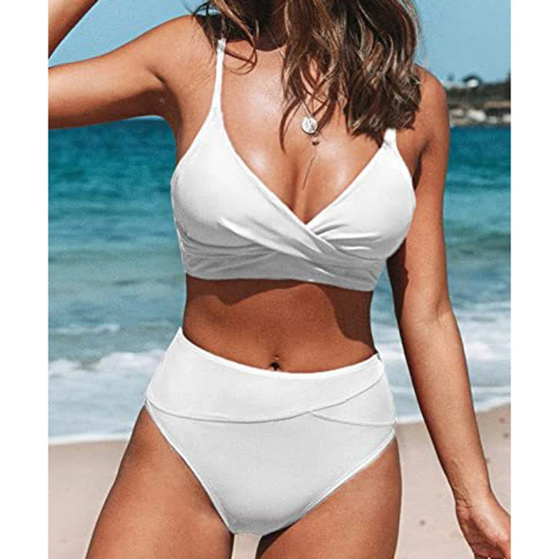 Bikini Set Women's 2 Piece Swimwear Cross Ruched V Neck High Waisted Push Up Bikini 2025 New Beach Vacation Ladies Bathing Suit