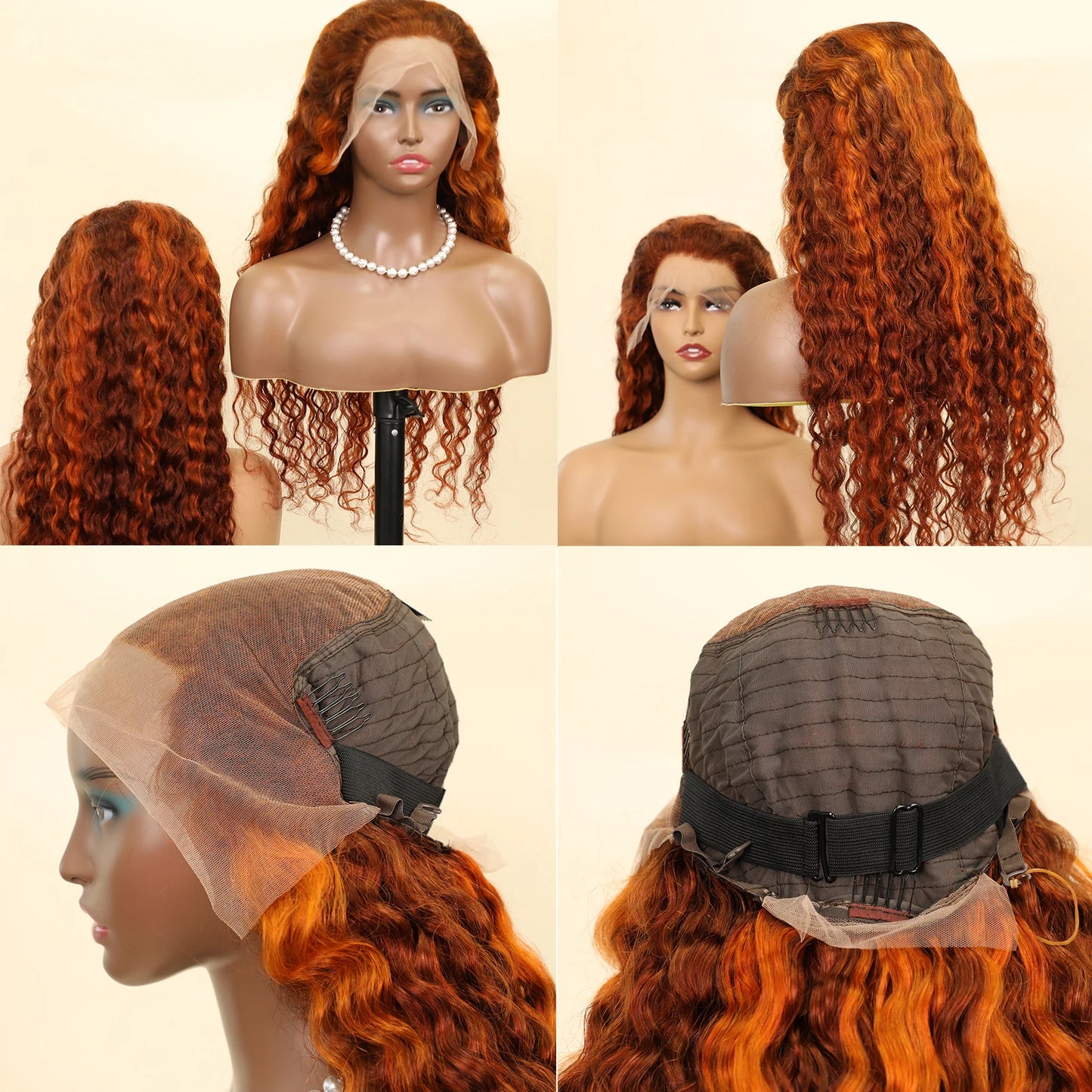 4/350 Highlight Water Wave 13x4 Transparent Lace Frontal Human Hair Wig 220% Ombre Ginger Human Hair Wig Color Curly Wigs 34Inch