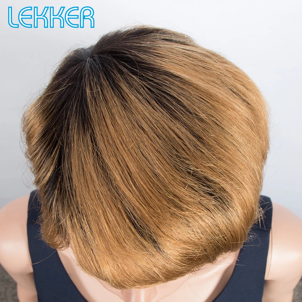 Lekker Ombre Blonde Short Pixie Cut Bob 100% Human Hair Wigs For Women Brazilian Remy Hair Full Machine Made Straight Color Wigs