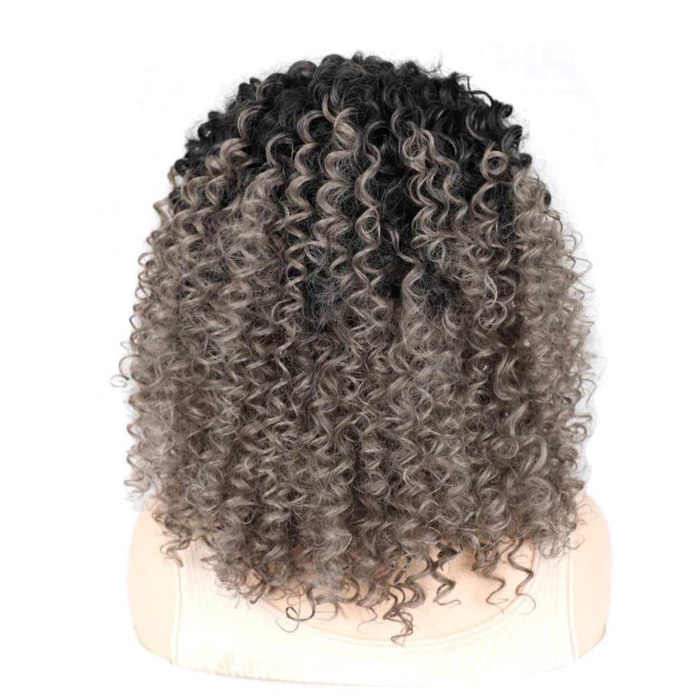 18 Inch Kinky Curly Headband Wig Ombre Afro Curly Wig with Scarf Natural Synthetic Fluffy Curly Turban Wigs for Women Cosplay