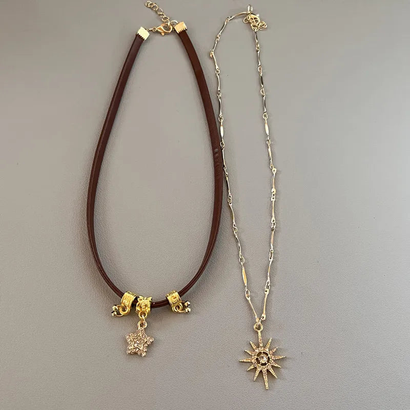 Sun Star Zircon Necklace for Women Vintage Leather Necklace Double Layered Pendant Chain Choker Fashion Jewelry
