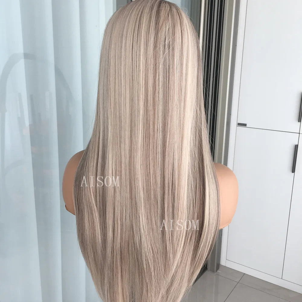 Highlight Blonde Platinum Straight Lace Front Wig Synthetic Hair for Women 13x4” Lace Frontal Wig Pre Plucked Blonde Colored Wig
