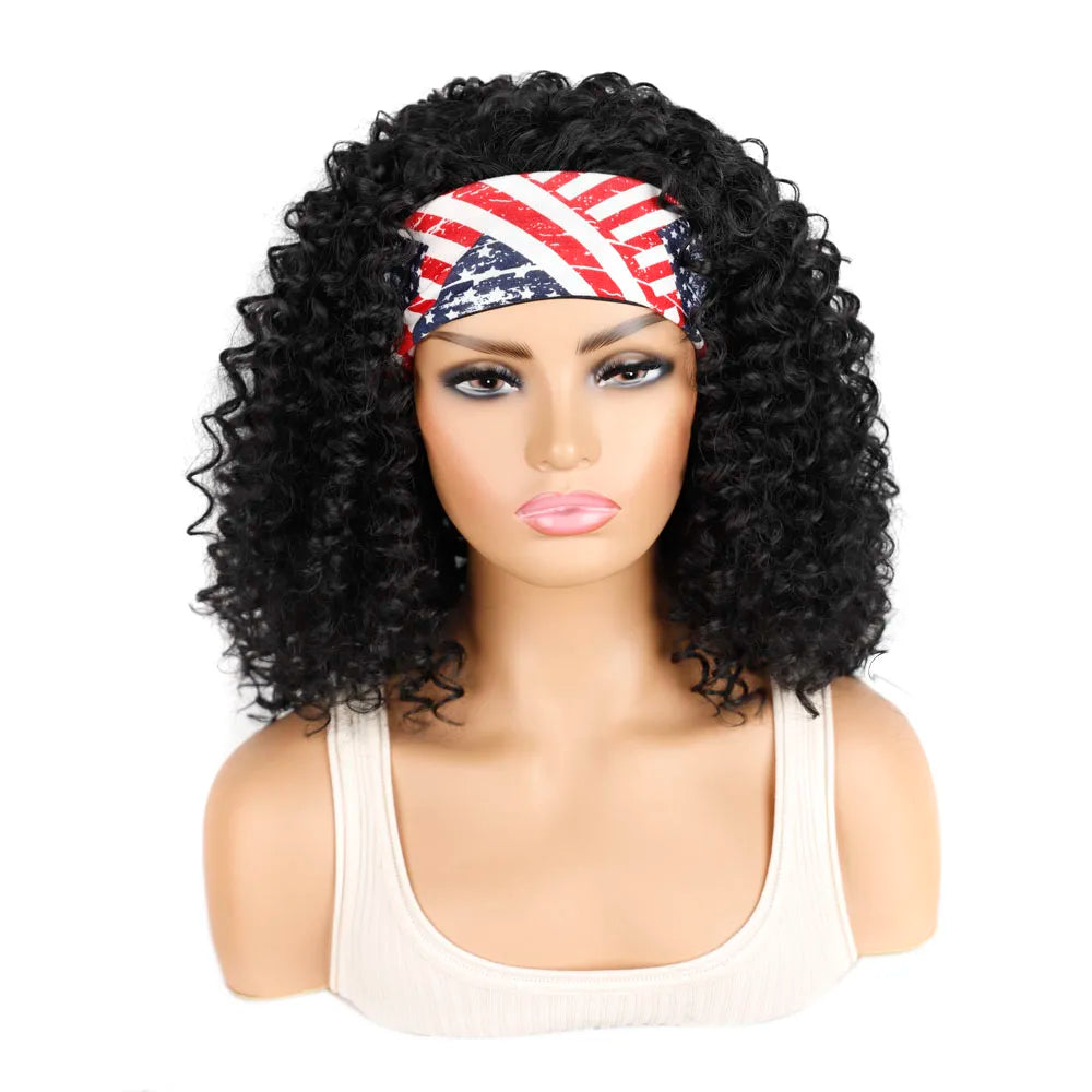 18 Inch Kinky Curly Headband Wig Ombre Afro Curly Wig with Scarf Natural Synthetic Fluffy Curly Turban Wigs for Women Cosplay