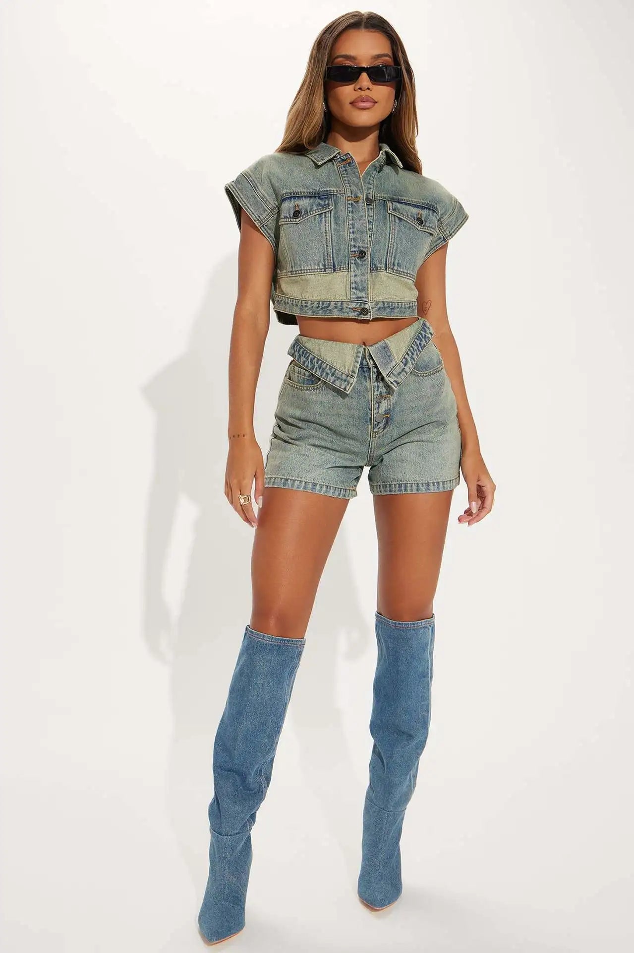 CM.YAYA Fashion Denim Women's Set Short Sleeve Jackets Tops and Shorts Jeans Sets 2025 Summer Two 2 Piece Sets Outfits Tracksuit