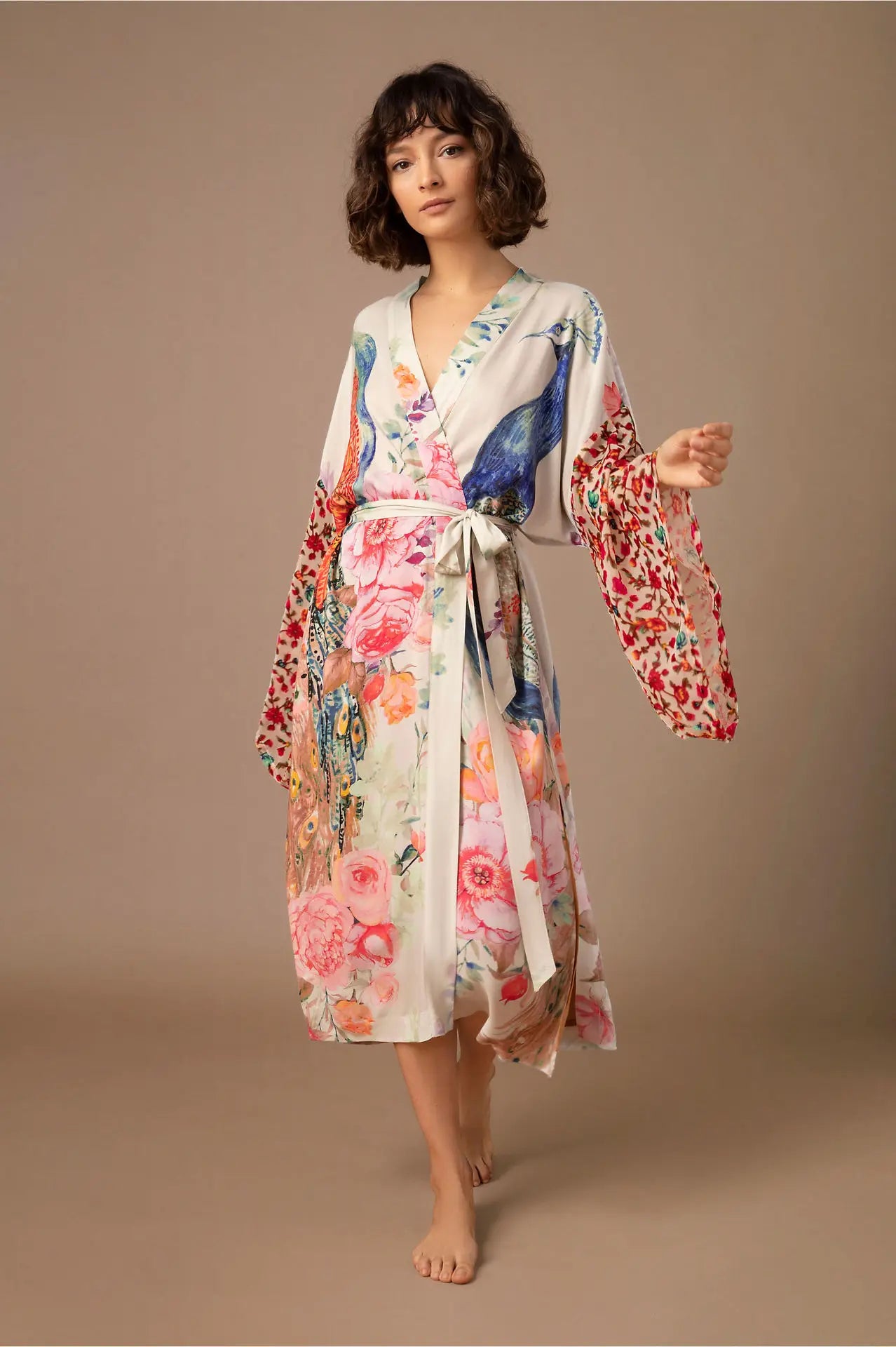 Beach Kimono for Women Peocock Printed Swimsuit Cover Up Self Belted Wrap Dresses Seaside Bathing Suits Beachwear