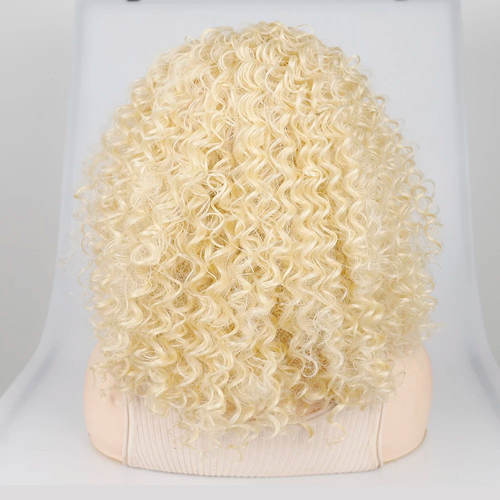 18 Inch Kinky Curly Headband Wig Ombre Afro Curly Wig with Scarf Natural Synthetic Fluffy Curly Turban Wigs for Women Cosplay