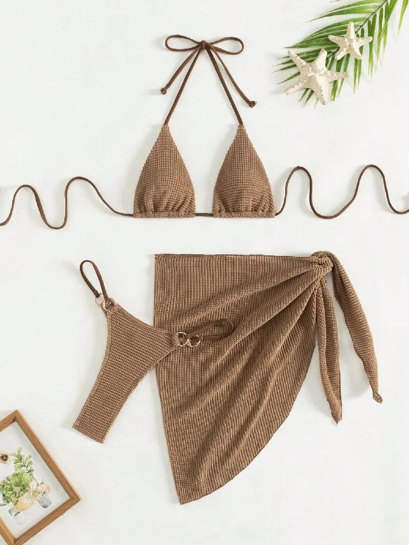 Sexy Brown Bikini Set 2025 Women Halter Push Up Bra Skirt 3 Piece Swimsuit Summer Bathing Suit Cover Up Thong Swimwear Biquini