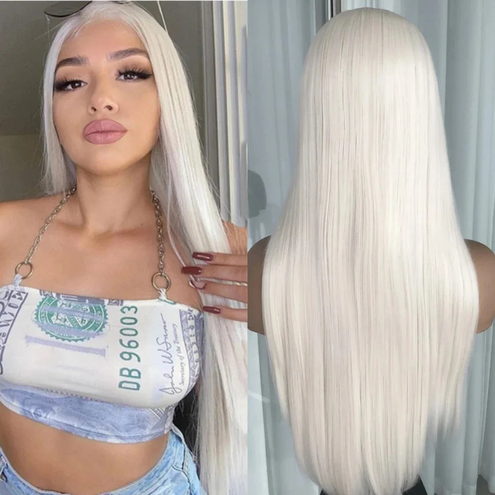 Highlight Blonde Platinum Straight Lace Front Wig Synthetic Hair for Women 13x4” Lace Frontal Wig Pre Plucked Blonde Colored Wig