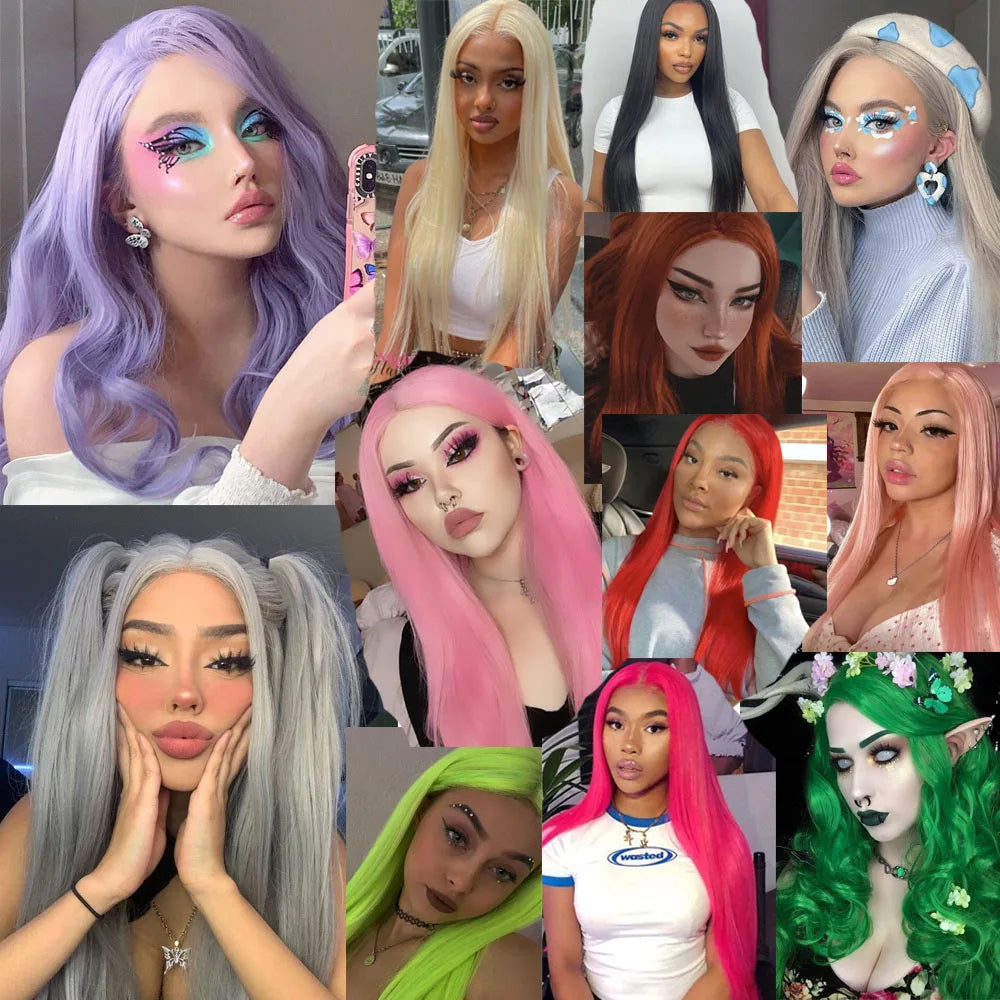 #60 Platinum Blonde Wig Synthetic Lace Front Wigs For Women Long Silky Straight Wig Lace Hair Grey Blue Pink Wig Frontal Cosplay