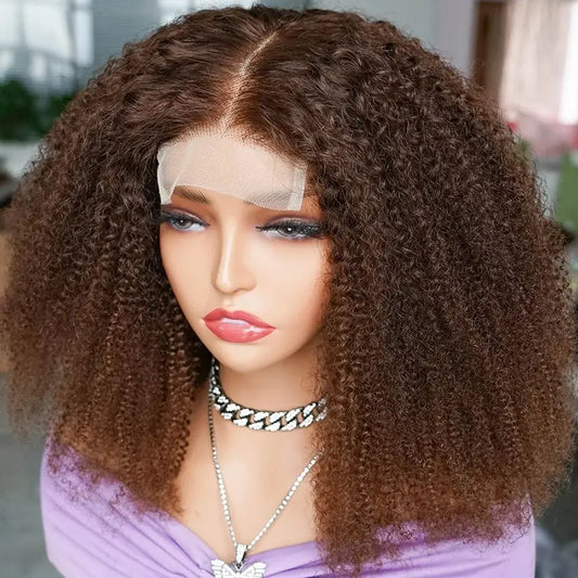 250% Density Brown 4x4 Lace Front Wig Afro Kinky Curly Thick 100% Human Hair Wigs For Women Pre-Plucked Transparent Lace Bobbi