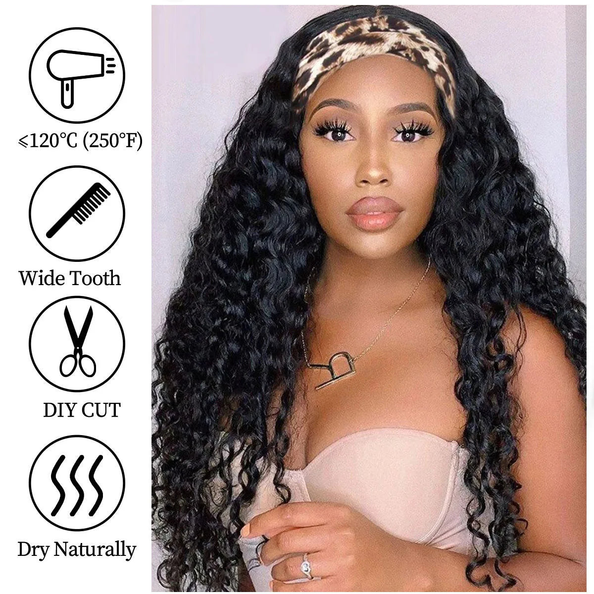 18 Inch Kinky Curly Headband Wig Ombre Afro Curly Wig with Scarf Natural Synthetic Fluffy Curly Turban Wigs for Women Cosplay
