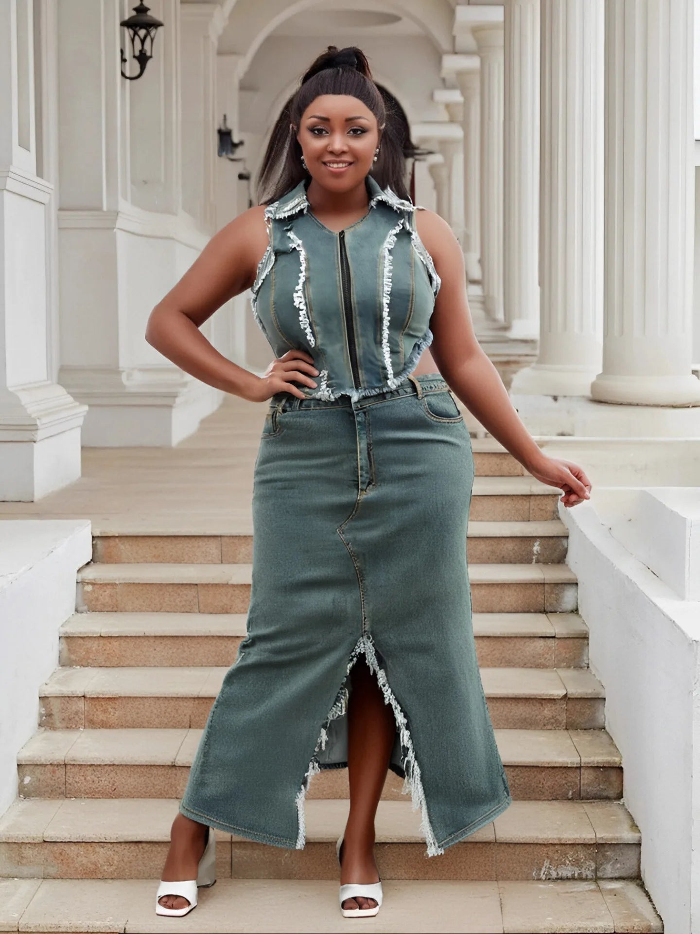 Two Piece Set Plus Size Clothes Summer Autumn V-Neck Sleeveless Denim Top And Maxi Skirt Women Sets Streetwear Office Lady Suit
